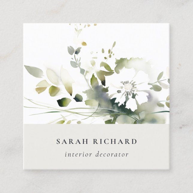 Elegant Modern Boho Abstract Green White Floral Square Business Card (Front)