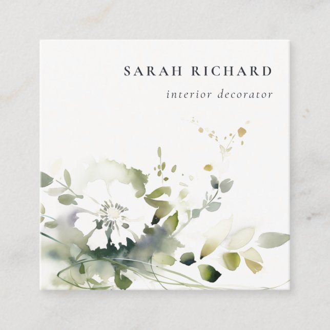 Elegant Modern Boho Abstract Green White Floral Square Business Card (Front)