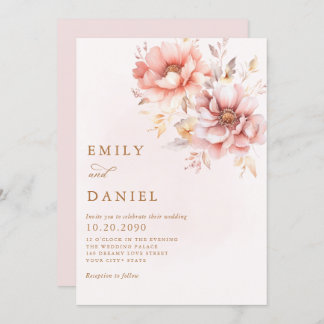 Elegant Modern Boho Blush Pink Gold Floral Wedding Invitation