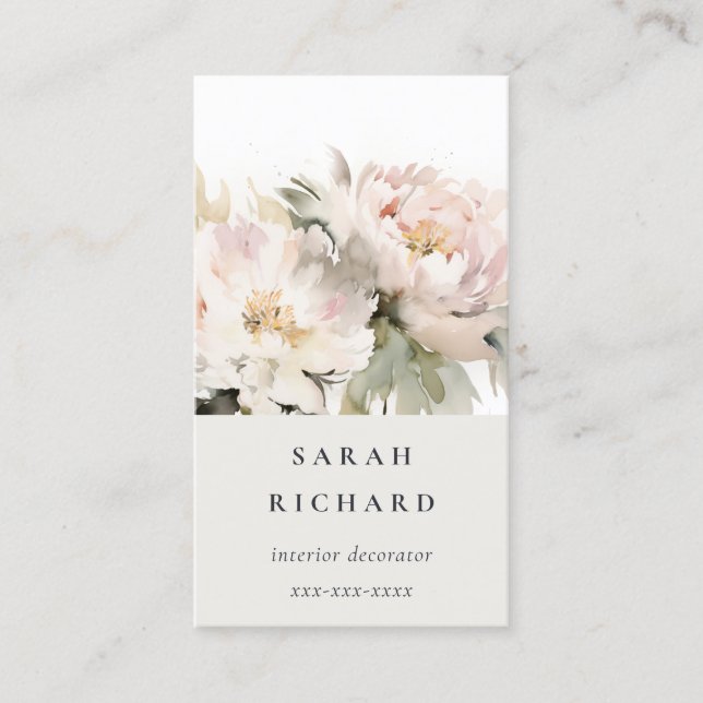 Elegant Modern Boho Blush Poenies Floral Business Card (Front)