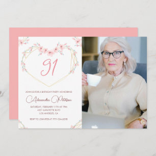 Elegant Modern Boho Floral Photo 91st birthday Invitation