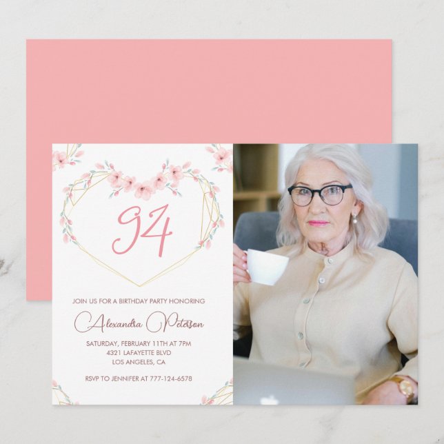 Elegant Modern Boho Floral Photo 94th birthday Invitation (Front/Back)