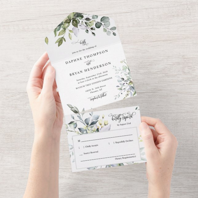Elegant Modern Boho Greenery Wedding Photo All In One Invitation (Tearaway)