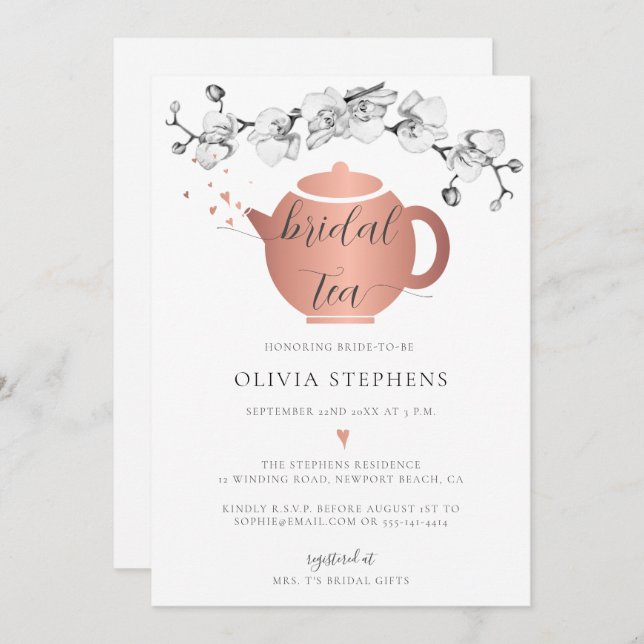 Elegant Modern Boho Rose Gold Orchids Bridal Tea Invitation (Front/Back)