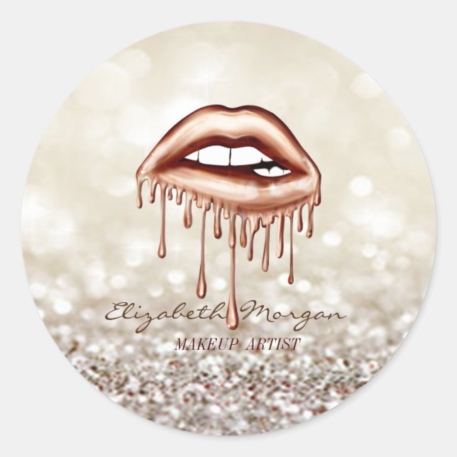 Elegant Modern Bokeh, Metallic Dripping Lips Classic Round Sticker (Front)