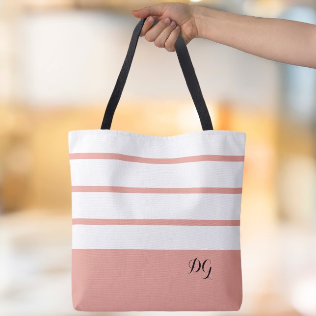 Elegant Modern Bold Stripes Monogram Initials Pink Tote Bag (Elegant Modern Bold Stripes Monogram Initials Pink & White Canvas Shopping Shoulder Tote Bag)