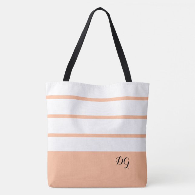 Elegant Modern Bold Stripes Monogram Trendy Peach Tote Bag (Back)