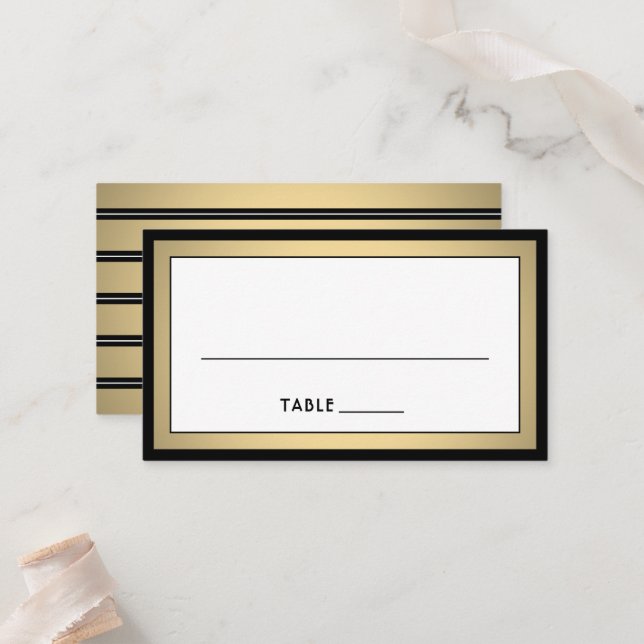 Elegant Modern Border Black, Gold & White Escort / Place Card (Front/Back In Situ)