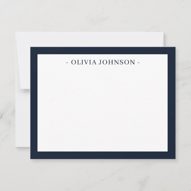  Elegant Modern Border Navy White Flat Note Card (Front)