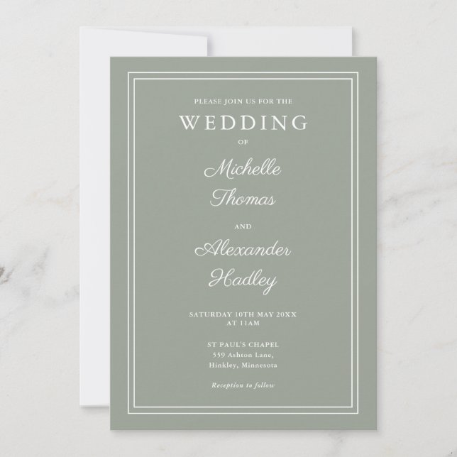 Elegant Modern Border Sage Green Wedding Invitation (Front)