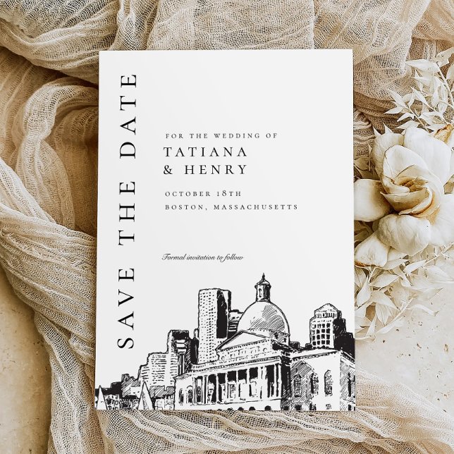 Elegant Modern Boston Sketch Wedding Save the Date Invitation (Creator Uploaded)