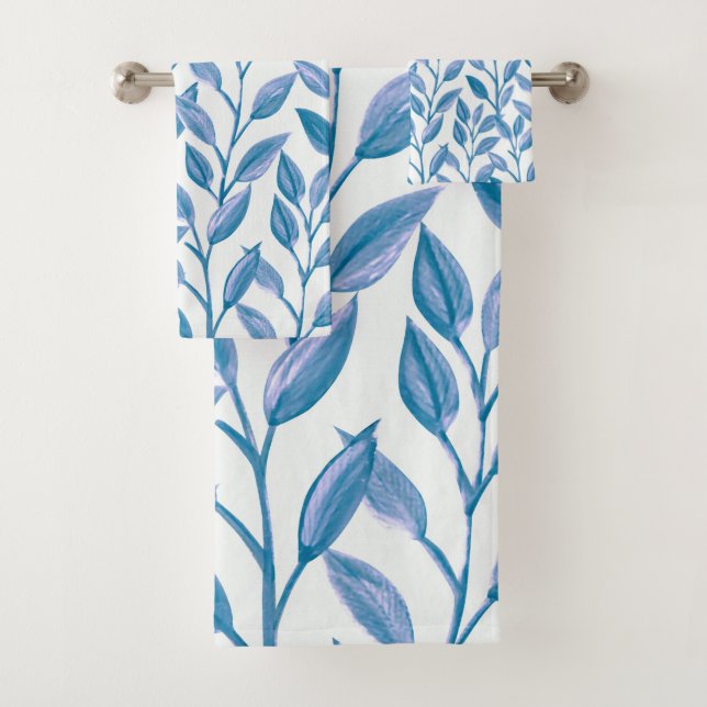 Elegant Modern Botanical Blue Leaves Pattern | Bath Towel Set (Insitu)