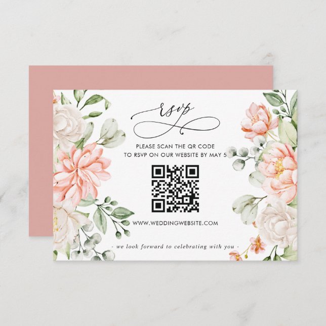 Elegant Modern Botanical Blush Floral QR CODE RSVP Card (Front/Back)