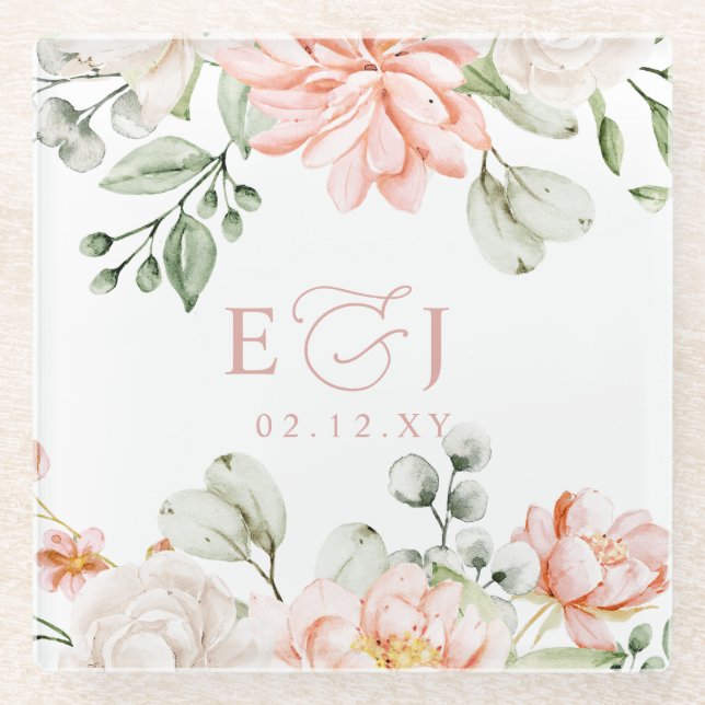 Elegant Modern Botanical Blush Pink Floral Wedding Glass Coaster (Front)