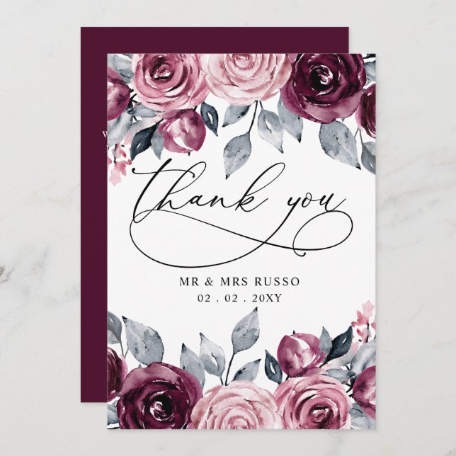 Elegant Modern Botanical Burgundy Floral Wedding Thank You Card (Front/Back)