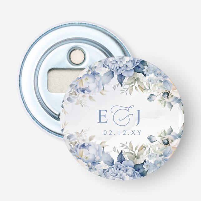 Elegant Modern Botanical Dusty Blue Floral Wedding Bottle Opener (Front)