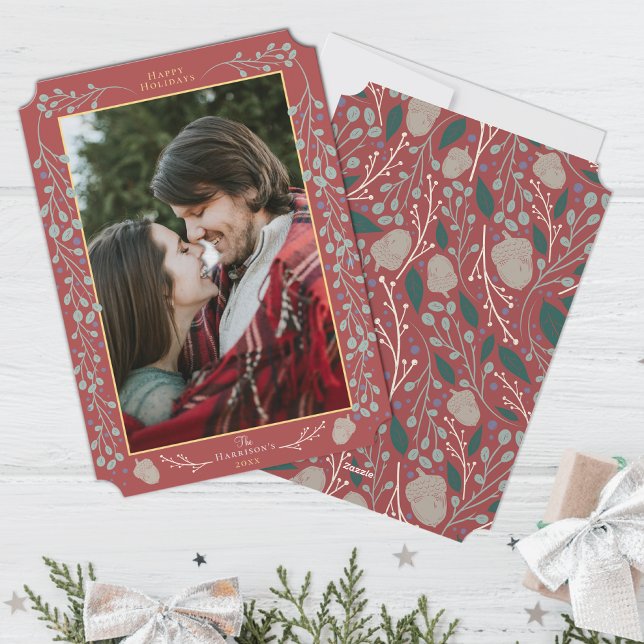 Elegant Modern Botanical Flat Red Christmas Photo Holiday Card (Creator Uploaded)