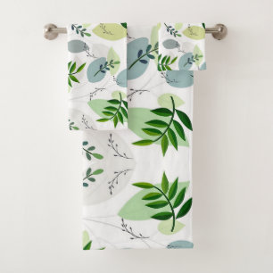 Elegant, Modern Botanical Garden Leaves on White Bath Towel Set