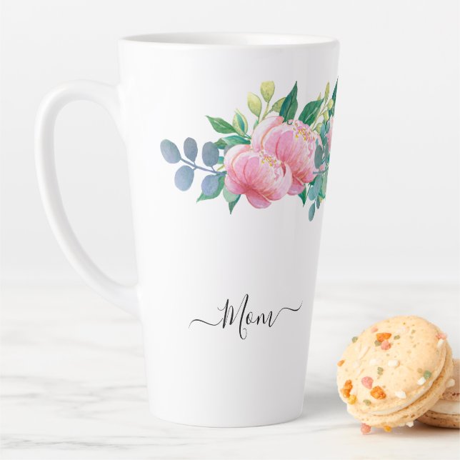 Elegant Modern Botanical Green Pink Flower Latte Mug (In Situ)