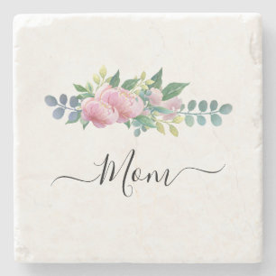 Elegant Modern Botanical Green Pink Flower Mum Stone Coaster