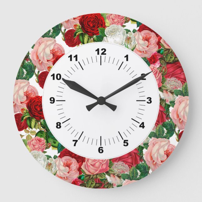Elegant Modern Botanical Green Red Burgundy Flower Large Clock (Front)