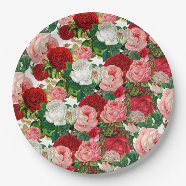 Elegant Modern Botanical Green Red Burgundy Flower Paper Plate (Front)