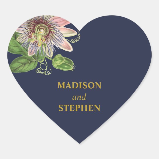 Elegant Modern Botanical Passion Flower Wedding Heart Sticker (Front)
