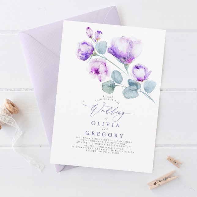 Elegant Modern Botanical Purple Floral Wedding Invitation (Elegant Purple Flowers Wedding Invitation)