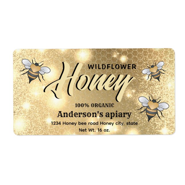 Elegant modern bright Sparkle bees honey jar label (Front)