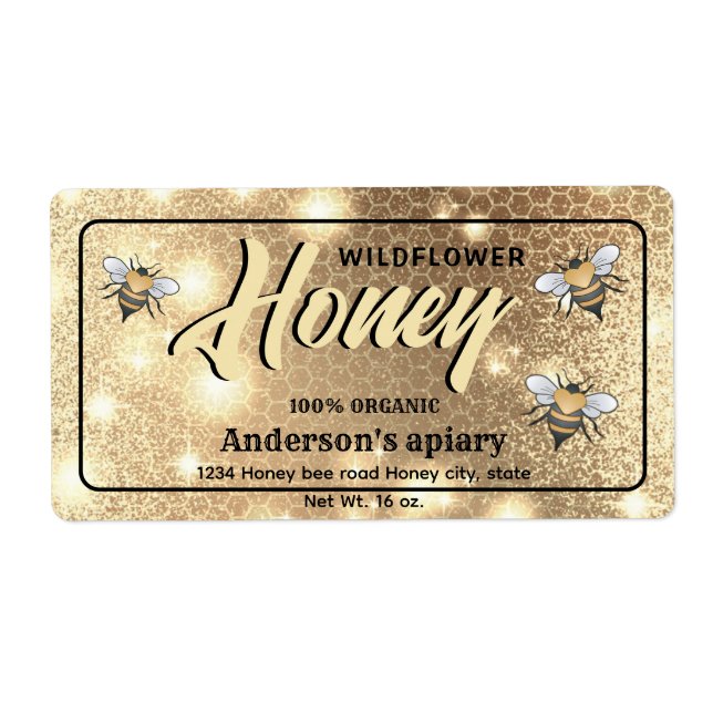 Elegant modern bright Sparkle bees honey jar label (Front)
