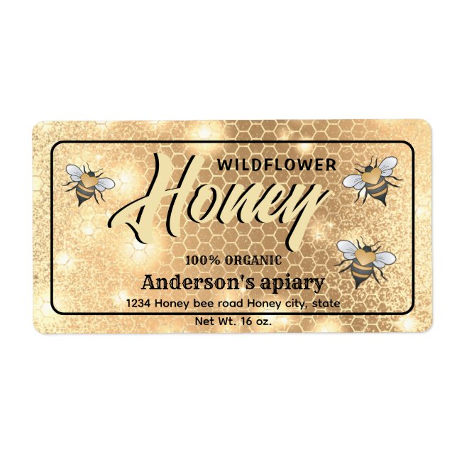 Elegant modern bright Sparkle bees honey jar label (Front)