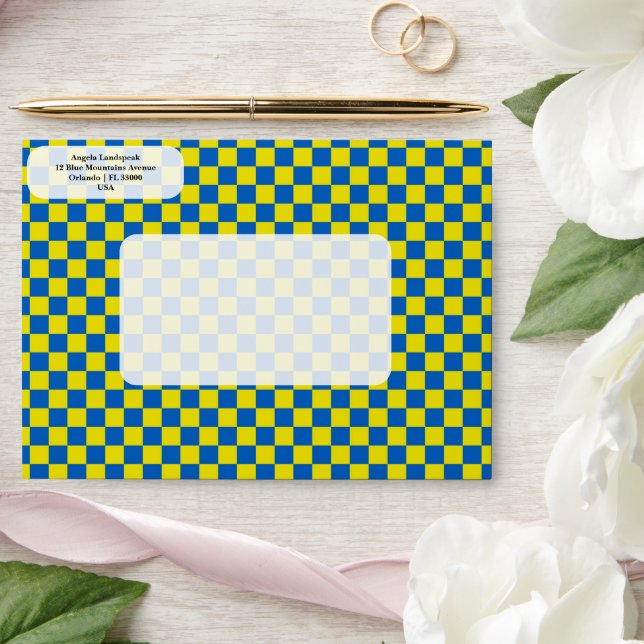 Elegant, Modern Bright Yellow & Blue Chequered   Envelope (Wedding)