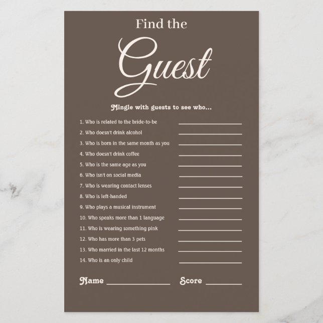 Elegant Modern Brown Bridal Shower Game (Back)