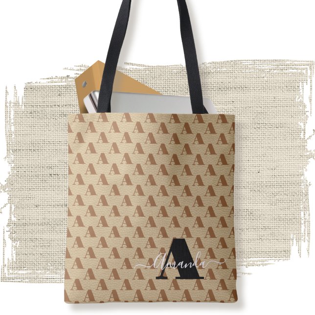 Elegant Modern Brown White Black Monogram Script Tote Bag (Creator Uploaded)