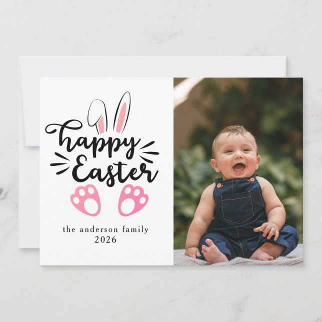 Elegant Modern Bunny Happy Easter Photo Holiday Card (Front)