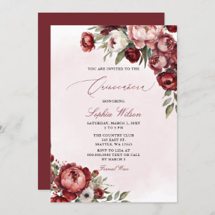 Elegant Modern Burgundy Blush Floral Quinceañera Invitation