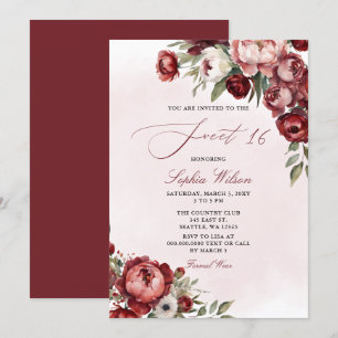 Elegant Modern Burgundy Blush Floral Sweet 16 Invitation