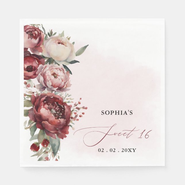 Elegant Modern Burgundy Blush Floral Sweet 16 Napkin (Front)