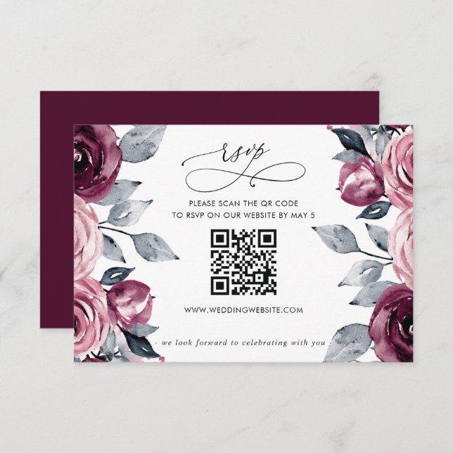 Elegant Modern Burgundy Floral QR CODE RSVP Card (Front/Back)