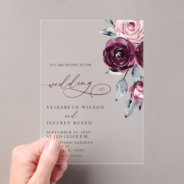 Elegant Modern Burgundy Floral Wedding Acrylic Invitations (Insitu (Handheld))