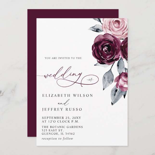 Elegant Modern Burgundy Floral Wedding Invitation (Front/Back)