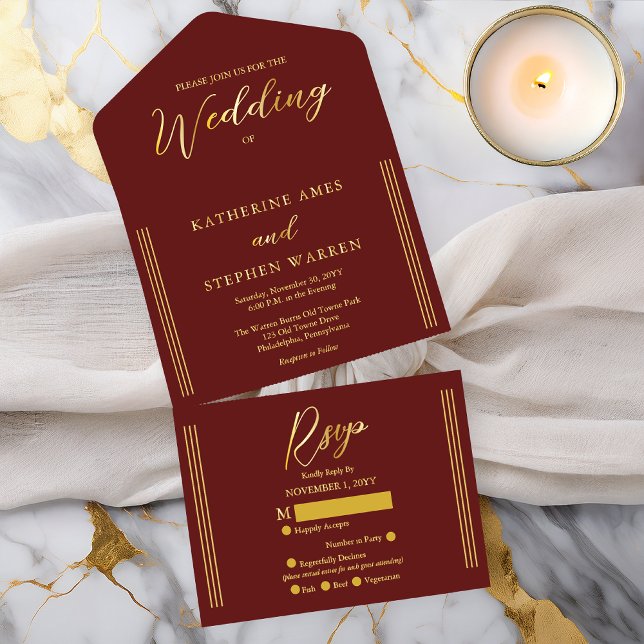 Elegant Modern Burgundy Minimalist Wedding All In One Invitation (Elegant Modern Burgundy Minimalist Wedding All in One Gold Foil (inside--See Description) Invitation)