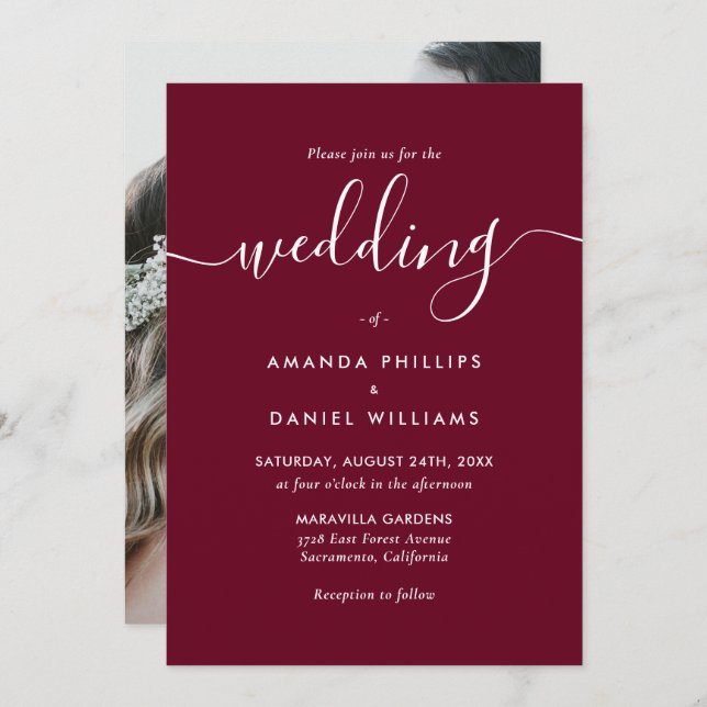 Elegant Modern Burgundy Photo Wedding Invitation (Front/Back)