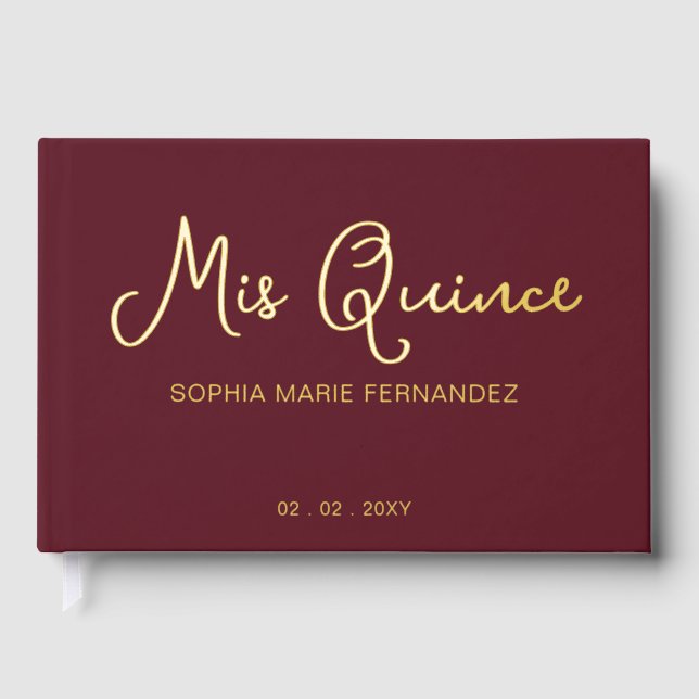 Elegant Modern Burgundy Quinceañera Guest Book (Front)