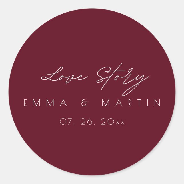 Elegant & modern Burgundy Script  Wedding Classic Round Sticker (Front)