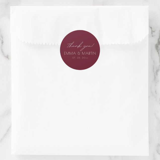 Elegant & modern Burgundy Thank you Wedding Classic Round Sticker (Bag)