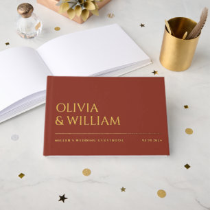 Elegant Modern Burnt Umber Typography Wedding Foil Guest Book