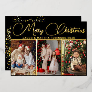 Elegant Modern Calligraphy 4 Photo Christmas Gold Foil Holiday Card