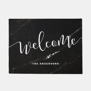 Elegant modern calligraphy black marble welcome doormat
