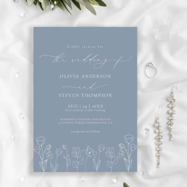 Elegant Modern Calligraphy Dusty Blue Wedding Invitation (Creator Uploaded)